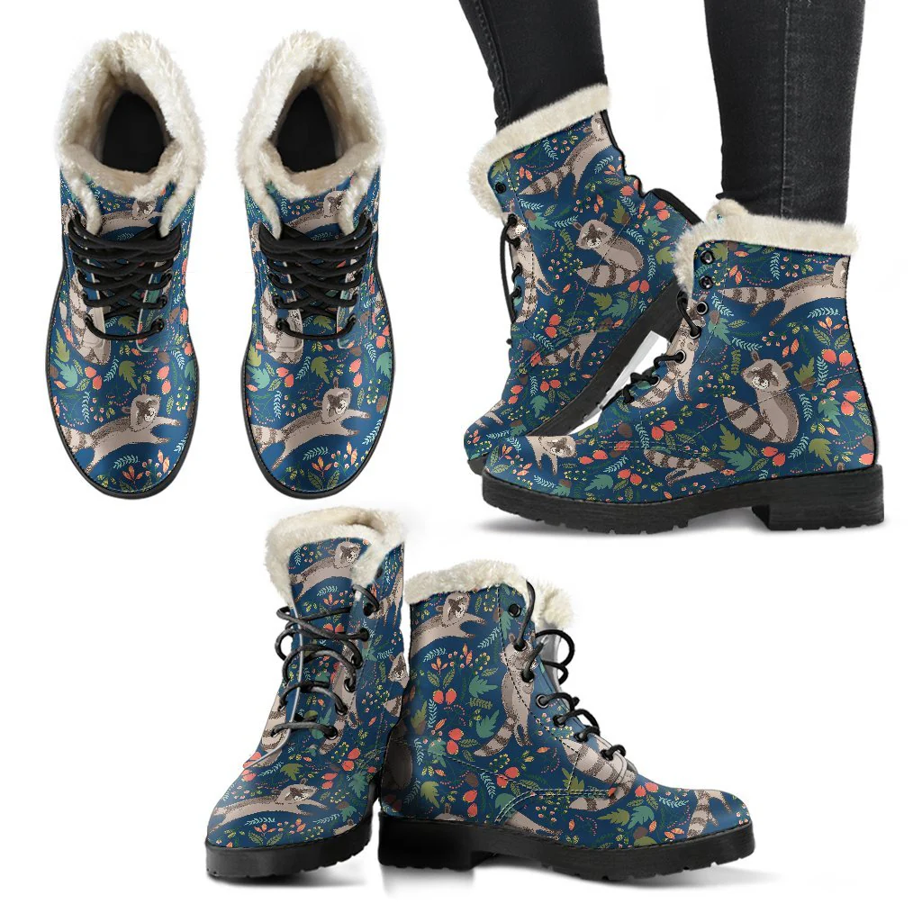 Raccoon Floral Pattern Print Comfy Winter Boots-grizzshop