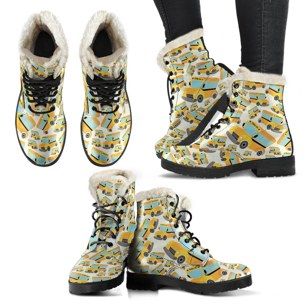 School Bus Pattern Print Comfy Winter Boots-grizzshop